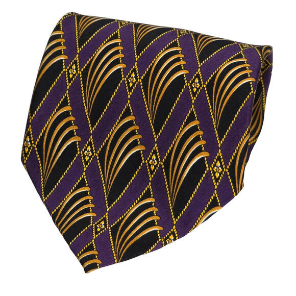 MEN'S DOMANI UOMO 100% SILK PURPLE, BLACK & GOLD ACCENTS DESIGNER TIE EUC - Picture 1 of 5